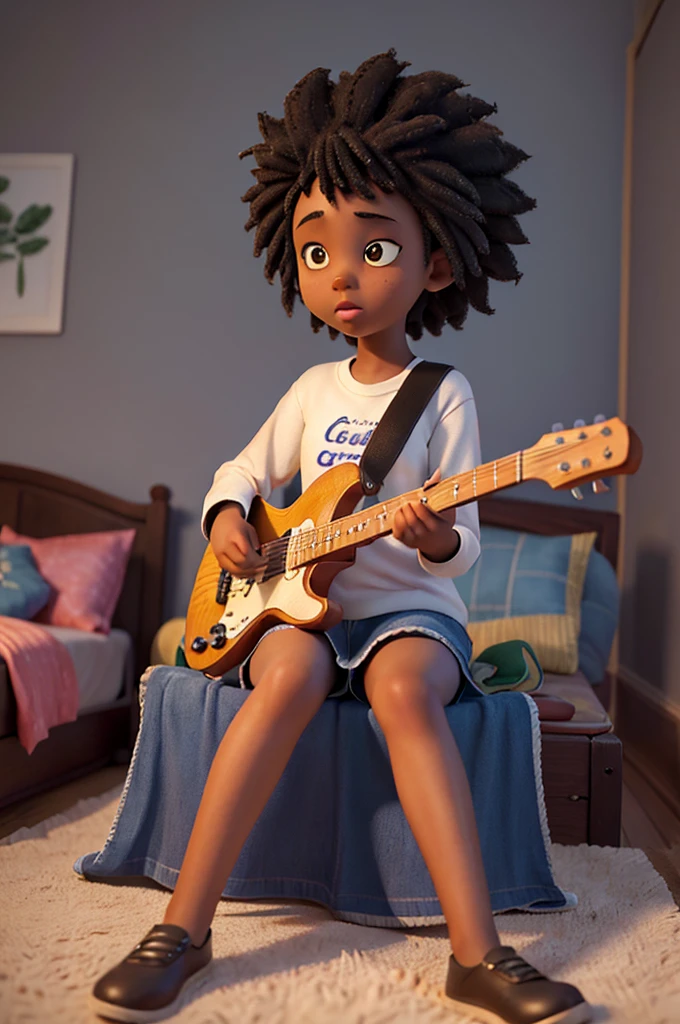13 year old black girl, work of art, best qualityer, (Extremely detailed CG 8k unity wallpaper), (best qualityer), (Best illustration), (best shade), absurderes, realistic lighting, (abyss), beautiful detailed glowing, sitting on the bed holding a guitar