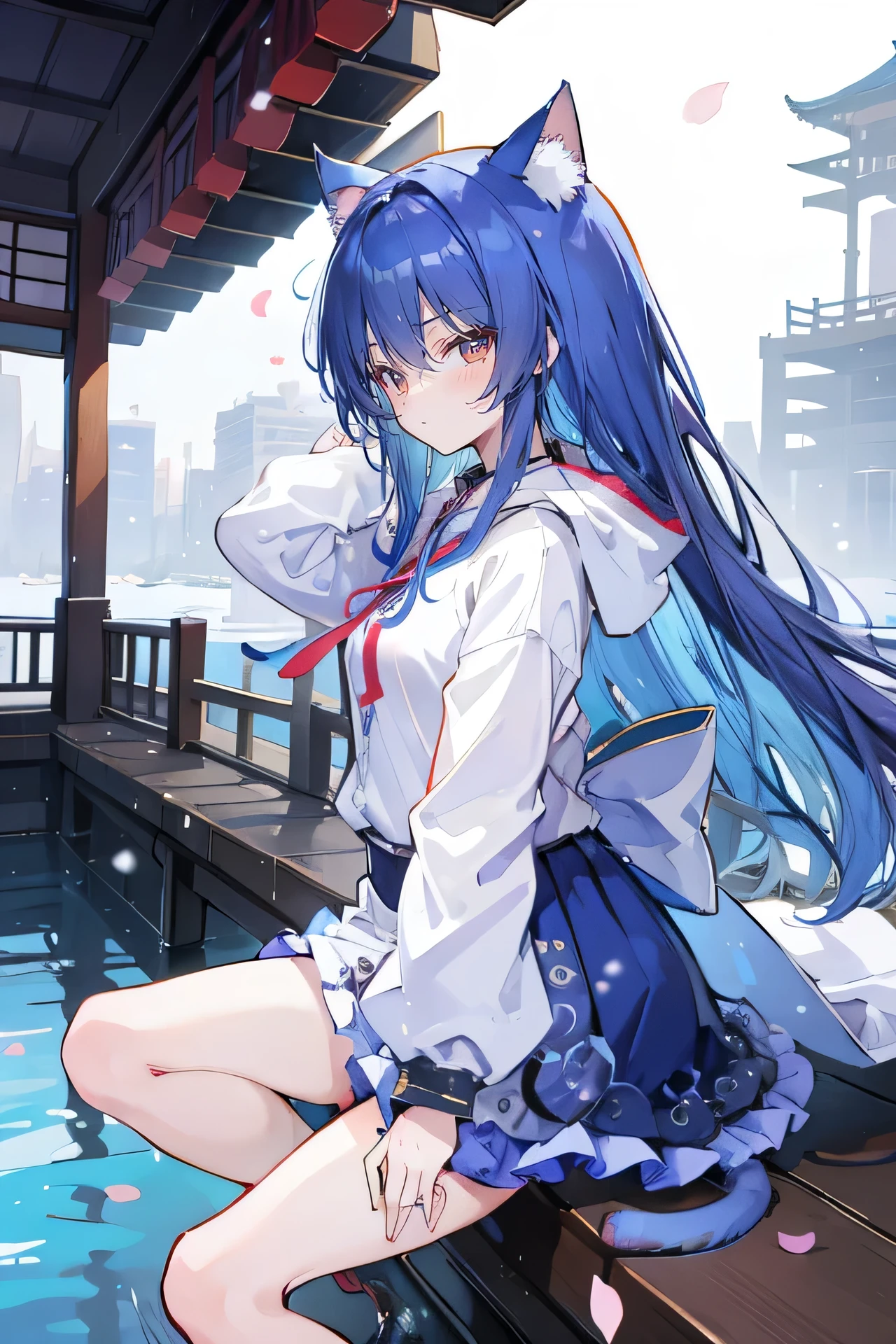 （masterpiece：1.2），Super detailed，lifelike，Expressive eyes，fair skin，perfect face shape，1 girl，
Japanese comics,Gorgeous blue hair,flowing blue hair,flowing clothes,Cat ears,Petals fall,beautiful lola,Baby Angel,
Shaking head with one hand，Cross your legs，Gentle and peaceful background，The pavilion is cool and comfortable,smile, wearing hoodie, background of tokyo,back views,snowing, winter,lie on the water. 