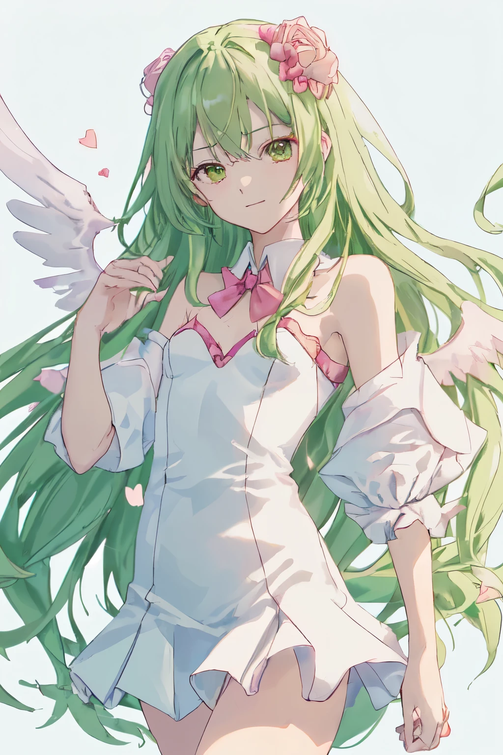 1_girl, (anime, kawai:2), (masterpeice, best_quality, clean:1.5), (sky_background:1.2), (cute, cute_smile, young:1.5), (delicate, extremely_delicate, beautiful, thin:1.5), (girlfriend, angel:1.8), (green_eyes, simple_eyes:1.8) (long_hair, blond_hair, wearing_pink_dress, pink_angel_wings, sexy_gloves:1.5), extremely_delicate, (love_magic:1.5), (age_size_fits_body), (small_thighs:1.3), (breasts), (eye_level:1.3), (heart_magic, love:1.5), (folded_legs:1.5), (combat:1.5)
