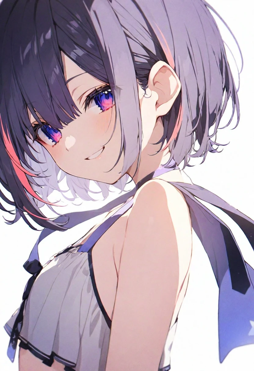 (muste piece), (best quality), very detailed eyes, expressive eyes, perfect face, very detailed face, highly detailed face, beautiful girl, 8K, beautiful girl, white background, delicate and beautiful face and eyes, dark intense shadow,
1 girl, vtuber style, cool girl, hololive, amane kanata, streaked hair, short hair, swimsuit, small chest, cropped shoulders, clavicle, from side, looking at viewer, smile, (whole body), standing,