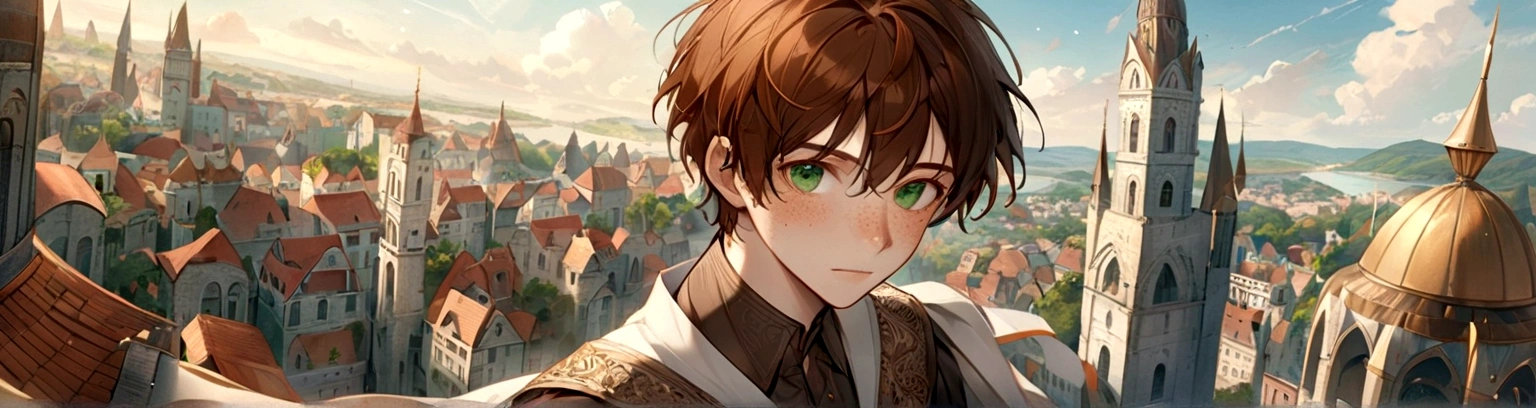 Male, solo, short brown hair, green eyes, freckles, fantasy city background