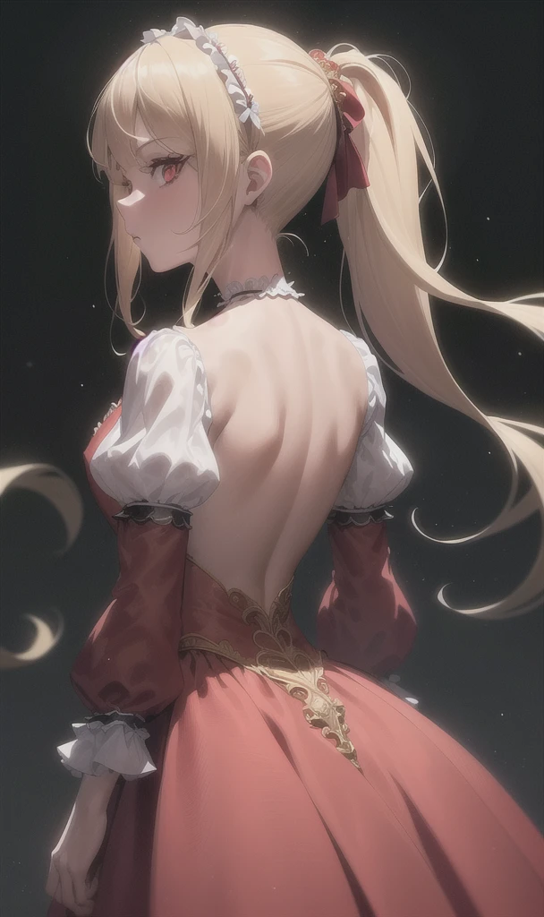 (masterpiece, best quality:1.2), extremely detailed, detailed hair, soft skin,
1girl, solo, standing, upper body, from behind,
blonde hair, long hair, high ponytail, long ponytail,
red eyes, long eyelashes, thick eyelashes, looking at viewer,
red dress, backless dress, ornate dress, puffy skirt, long skirt, puffy sleeves, juliet sleeves, long sleeves,
nude,
black background,