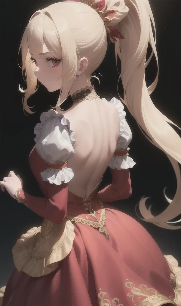 (masterpiece, best quality:1.2), extremely detailed, detailed hair, soft skin,
1girl, solo, standing, upper body, from behind,
blonde hair, long hair, high ponytail, long ponytail,
red eyes, long eyelashes, thick eyelashes, looking at viewer,
red dress, backless dress, ornate dress, y skirt, long skirt, puffeeves, juliet sleeves, long sleeves,
nude,
k background, (((tmasterpiece),(Very detailed CG unity 8K wallpaper),best qualtiy,cinmatic lighting,detailed back ground,beatiful detailed eyes,(Very fine and beautiful),(Beautiful and detailed eye description),ultra - detailed,tmasterpiece,)),facing at camera,A high resolution,ultra - detailed)