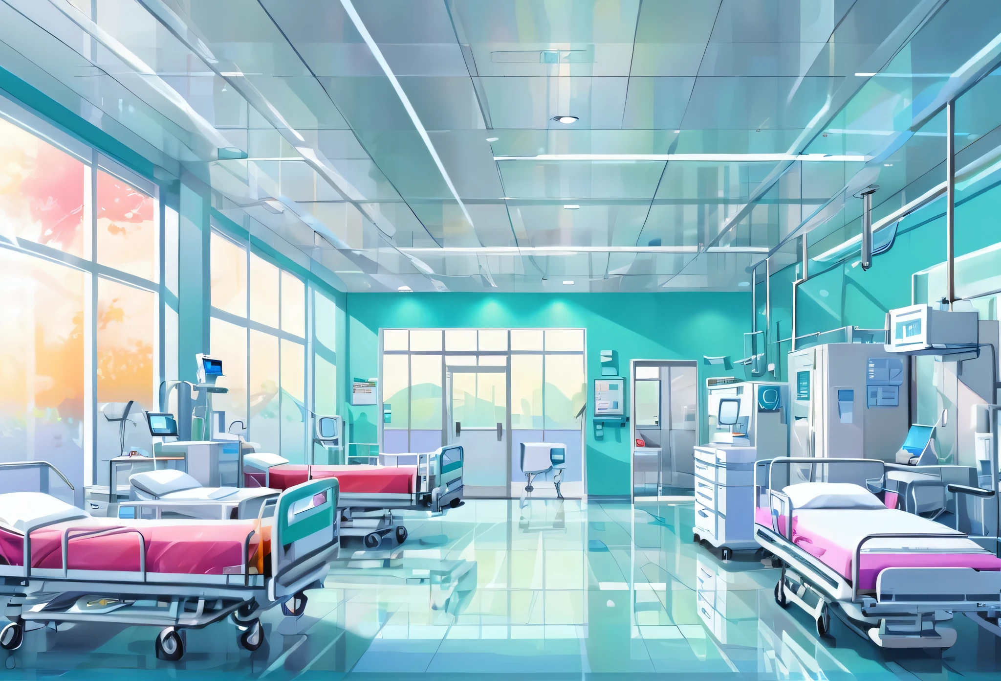 Inside a modern hospital, (masterpiece best quality:1.2) delicate illustration ultra-detailed, detailed background, illustrations, bright, colourful,