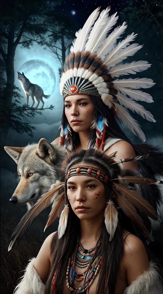 a beautiful Native American woman wearing a feather headdress with a ghostly spirit wolf companion, realisitic, highy detailed