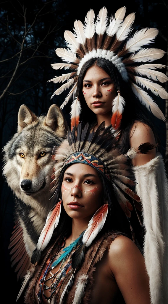 a beautiful Native American woman wearing a feather headdress with a ghostly spirit wolf companion, realisitic, highy detailed