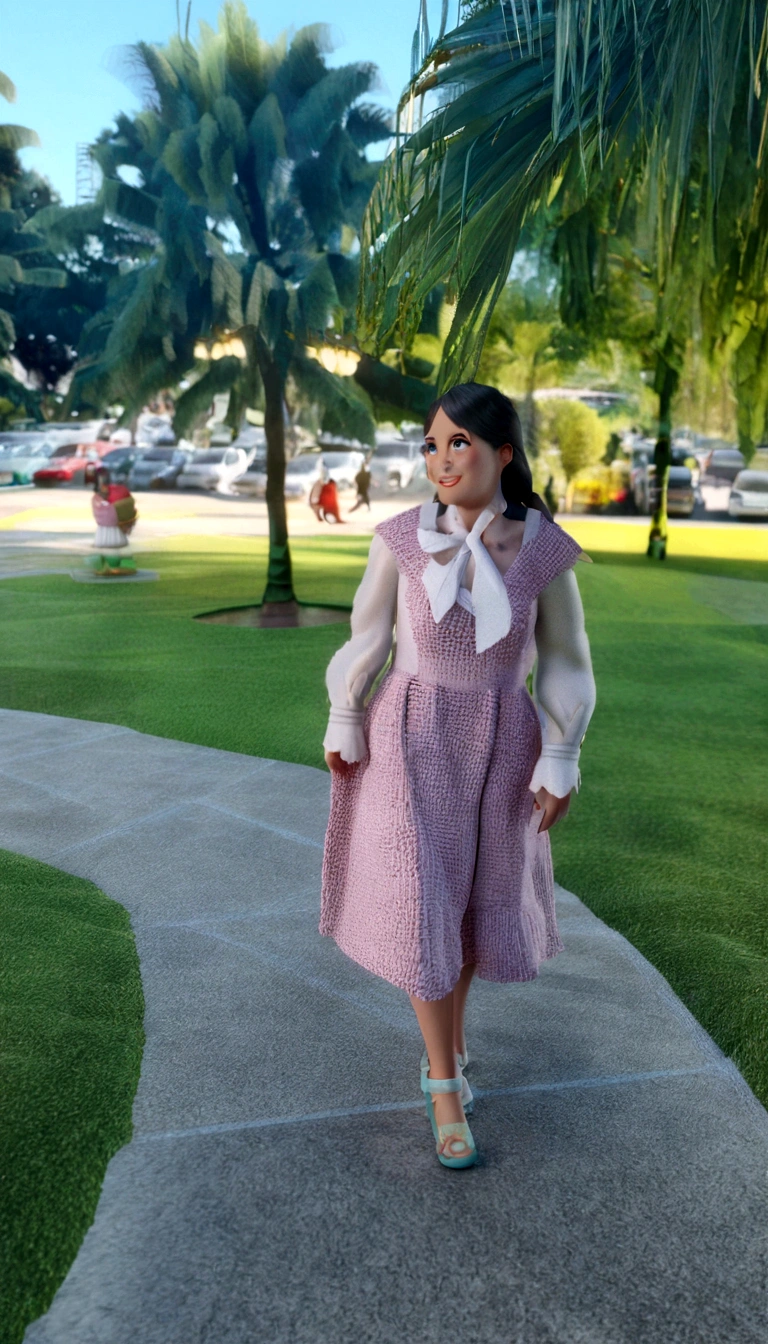 Cartoon character of a woman wearing a pink dress, walking on a walkway that has tropical trees on the side, animation character, stylized character, animation style rendering, 3d stylized, Arnold Maya rendering, Stylized 3D rendering, toon render screenshot, 3d character, 3d character, Stylized 3D rendering, 3D character rendering, cartoon character, Personagem de close up, character posing,  (Pixar-style) (master part:1.2) (bokeh) (best qualityer) (skin detailed) (detailed texture) (8K) (Argilla) (cinematic lighting) (sharp focus