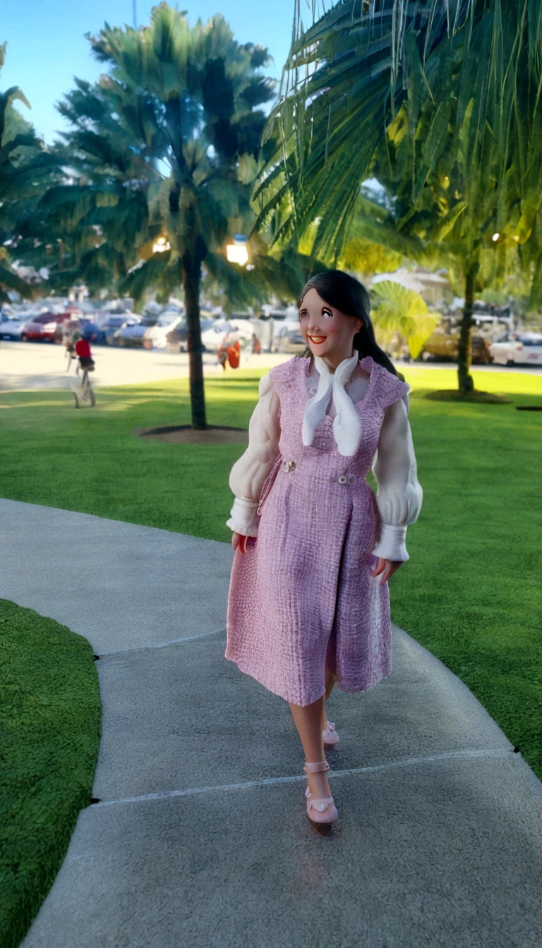 Cartoon character of a woman wearing a pink dress, walking on a walkway that has tropical trees on the side, animation character, stylized character, animation style rendering, 3d stylized, Arnold Maya rendering, Stylized 3D rendering, toon render screenshot, 3d character, 3d character, Stylized 3D rendering, 3D character rendering, cartoon character, Personagem de close up, character posing,  (Pixar-style) (master part:1.2) (bokeh) (best qualityer) (skin detailed) (detailed texture) (8K) (Argilla) (cinematic lighting) (sharp focus
