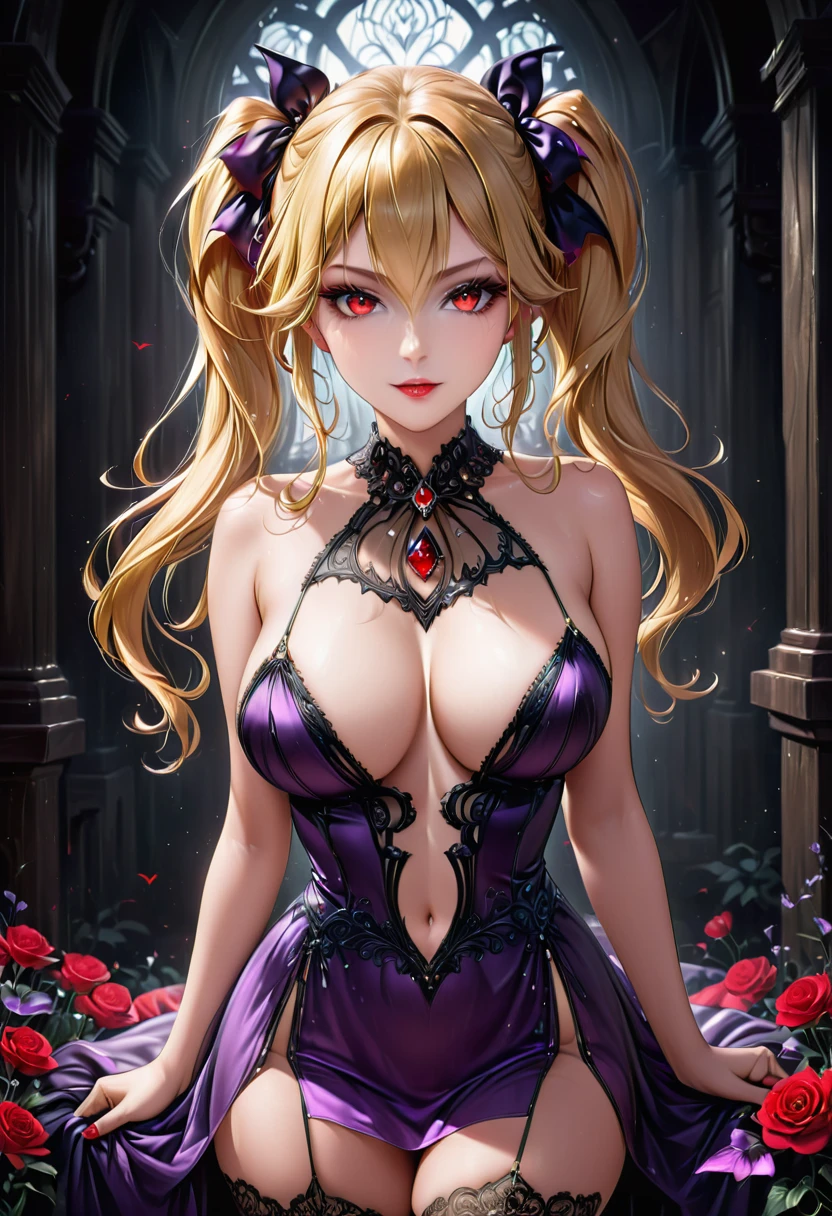 fantasy art deco (art deco: 1.5) A (black and white: 1.5) glamours (vampire: 1.5) model shot, RAW, award winning, of an exquisite beautiful 1solo female vampire, ultra feminine, full body, busty woman, most beautiful face ultra detailed face, ((blond long twin tails: 1.3)), twin tails decorated with black flowers,  pale skin, glowing (red: 1.3) eyes, wearing (lavender: 1.5) silk glamour intricate dress, with flowers on it,  wearing intricate high heels, light make up, ancient library background, (black and white filter: 1.4), (anatomically correct: 1.4), 1960s photoshoot style, picture taken from dynamic range, vibrant, Ultra-high resolution, High Contrast, (masterpiece:1.5), highest quality, Best aesthetics), best details, best quality, highres, ultra wide angle, 16k, [ultra detailed], masterpiece, best quality, (extremely detailed), Intense Gaze, dark novel, mega twintails