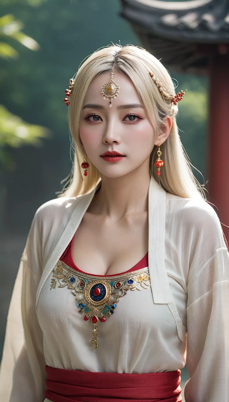 (Ultra-realistic)、Ancient Priestess、のFemale Shaman、
Expansiveness　Beauty　high resolution　High resolution　Realistic　short hair　Blonde、　Blondeの女性、Mature Woman、Middle-aged women、((Big big))、Detailed skin texture、超High resolution、Realistic、Voluptuous figure、Laughter、Middle-aged beauty、Beautiful expression、Exquisite red and black areola 、Little purple eyelids long blonde hair、Kamimei、非常に繊細でDetailed skin texture、３５Female Shaman、{(Ancient ornate and luxurious temple)、(Many torches are burning)}、Ancient Priestess、Big cleavage、Plunging neckline、Big Red Lips、(Colorful, glamorous clothing and gorgeous accessories)、I have a gorgeous platinum cane、