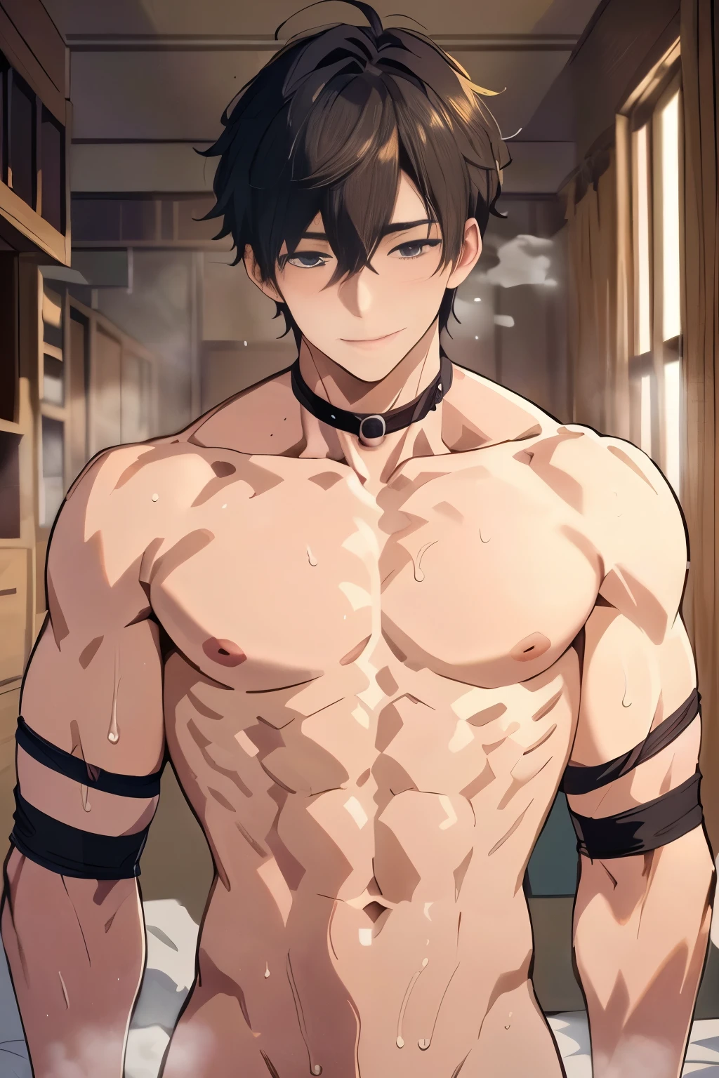 A man in a shirt standing in a room with windows, The handsome guy in Demon Slayer, Handsome Japanese demon boy, Fluffy chest, Anime handsome man, male anime character, Inspired by Masanobu Okumura, Tall anime man with blue eyes, Gemyedere, muscular!!, (SFW) Work, Young anime man
