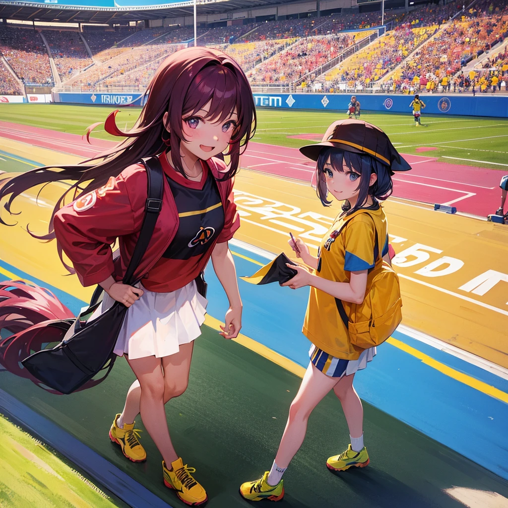 a girl dressed as Vinotinto Venezuelan soccer team, sexy, beautiful smile, in the background a football stadium