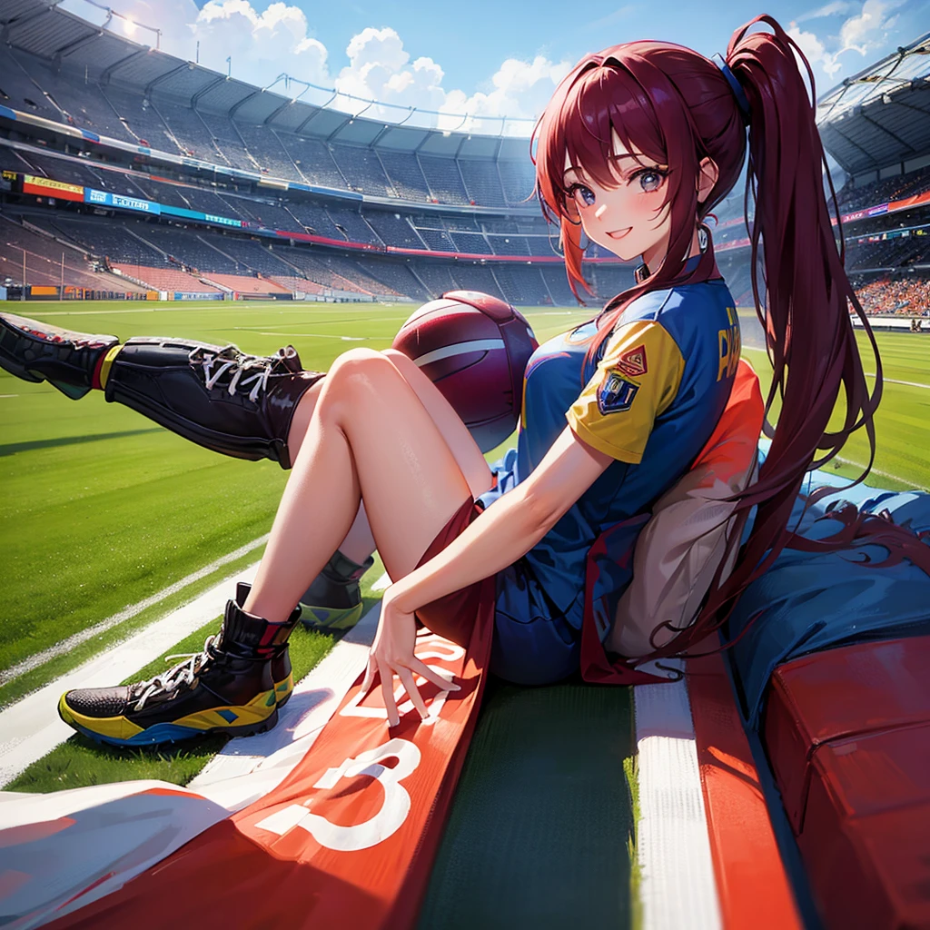 a girl dressed as Vinotinto Venezuelan soccer team, sexy, beautiful smile, in the background a football stadium