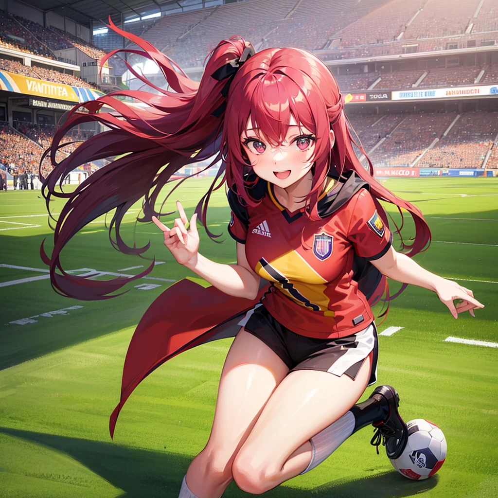 a girl dressed as Vinotinto Venezuelan soccer team, sexy, beautiful smile, in the background a football stadium