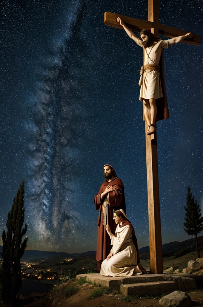 Jesus on the cross, Mother Clara kneeling on one side and Saint Francis of Assisi on the other, starry night background 