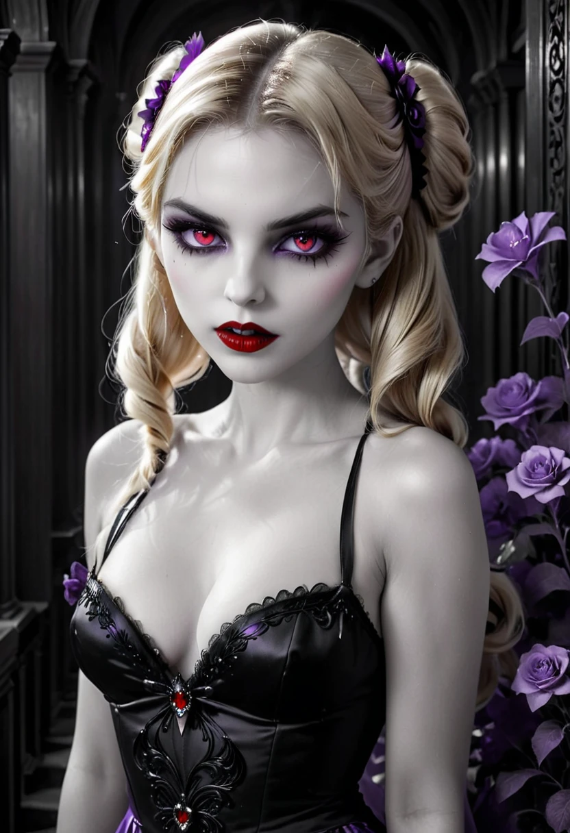 fantasy art deco (art deco: 1.5) A (black and white: 1.5) glamours (vampire: 1.5) model shot, RAW, award winning, of an exquisite beautiful 1solo female vampire, ultra feminine, full body, busty woman, most beautiful face ultra detailed face, ((blond long twin tails: 1.3)), twin tails decorated with black flowers,  pale skin, glowing (red: 1.3) eyes, wearing (lavender: 1.5) silk glamour intricate dress, with flowers on it,  wearing intricate high heels, light make up, ancient library background, (black and white filter: 1.4), (anatomically correct: 1.4), 1960s photoshoot style, picture taken from dynamic range, vibrant, Ultra-high resolution, High Contrast, (masterpiece:1.5), highest quality, Best aesthetics), best details, best quality, highres, ultra wide angle, 16k, [ultra detailed], masterpiece, best quality, (extremely detailed), Intense Gaze, dark novel, mega twintails