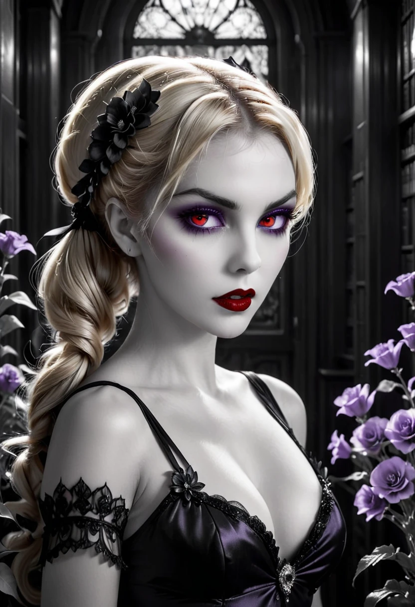 fantasy art deco (art deco: 1.5) A (black and white: 1.5) glamours (vampire: 1.5) model shot, RAW, award winning, of an exquisite beautiful 1solo female vampire, ultra feminine, full body, busty woman, most beautiful face ultra detailed face, ((blond long twin tails: 1.3)), twin tails decorated with black flowers,  pale skin, glowing (red: 1.3) eyes, wearing (lavender: 1.5) silk glamour intricate dress, with flowers on it,  wearing intricate high heels, light make up, ancient library background, (black and white filter: 1.4), (anatomically correct: 1.4), 1960s photoshoot style, picture taken from dynamic range, vibrant, Ultra-high resolution, High Contrast, (masterpiece:1.5), highest quality, Best aesthetics), best details, best quality, highres, ultra wide angle, 16k, [ultra detailed], masterpiece, best quality, (extremely detailed), Intense Gaze, dark novel, mega twintails