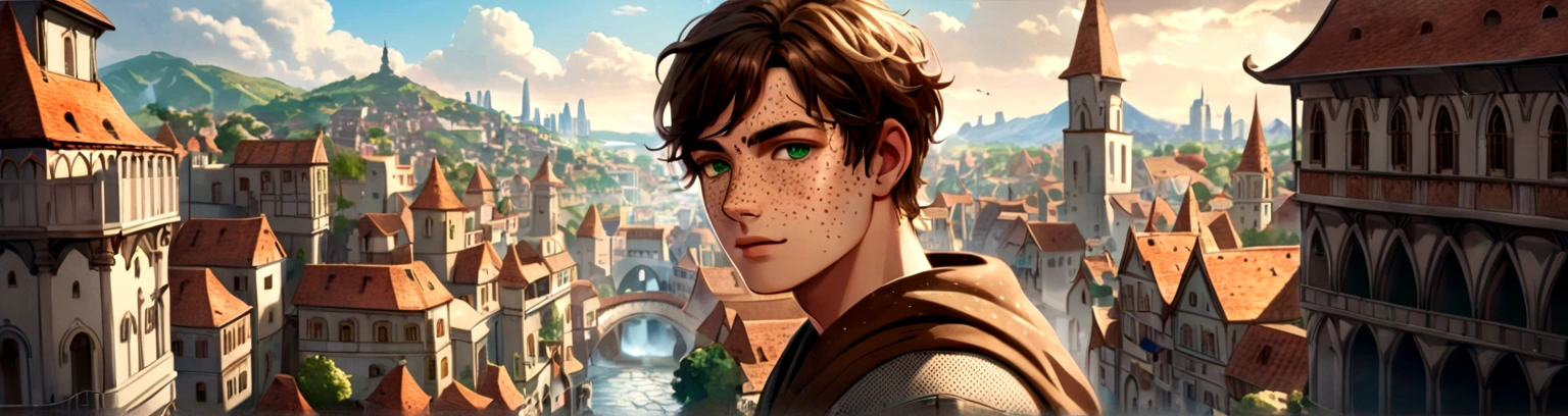 Male, solo, short brown hair, green eyes, freckles, fantasy city background