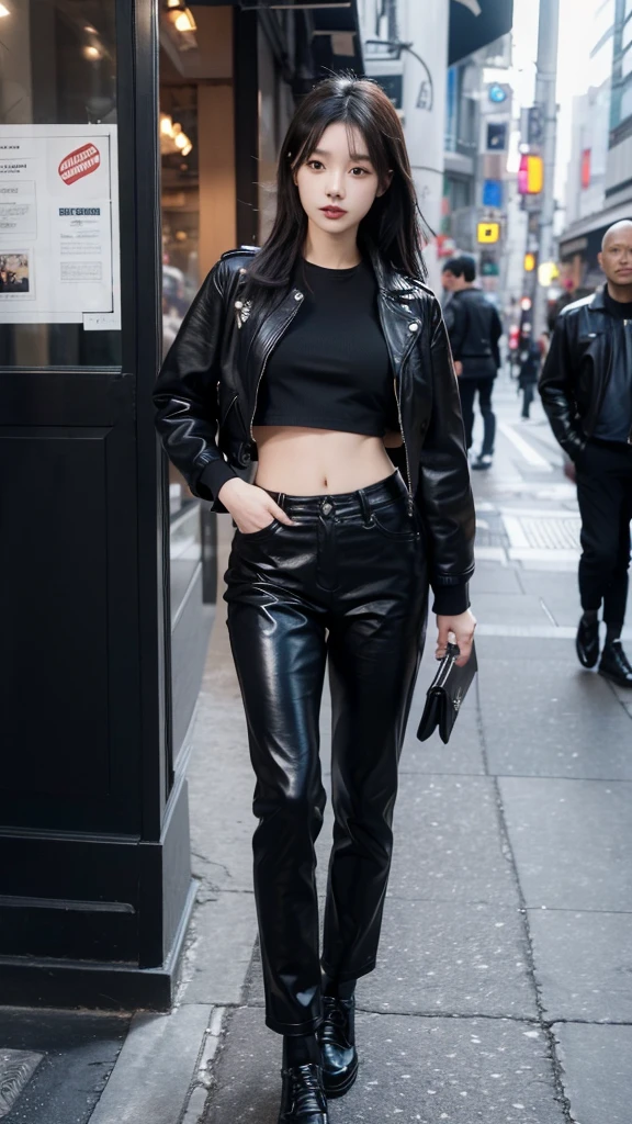 year old Japanese girl, wearing a black leather jacket, black trousers, black shoes, black crop top, has a slim stomach showing her slim stomach, long black hair, photo in the city, 8k masterpiece, detail, realistic
