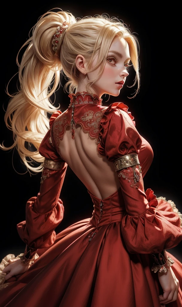 (masterpiece, best quality, Extremely detailed:1.2), 1 Girl, Perfect Curve, (g0ld3mb, Kaneko:1.1), (Sparkling Galaxy Dress:1.1), Long straight blond hair, Lace Hair, Wrapped in white silk, (Red background:1.2), riding wolf  