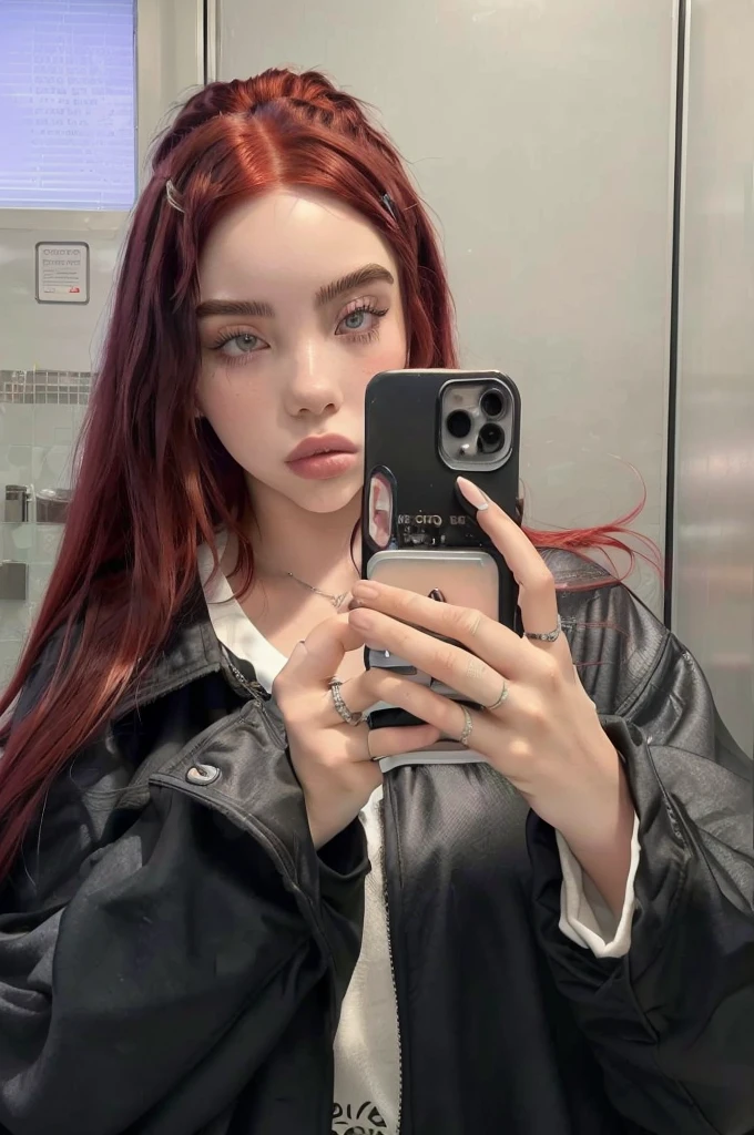 woman With red hair taking a selfie in a public restroom, soft devil queen Madison Beer, Madison Beer, 18 years, Ava Max, Instagram Template, :: Madison Beer, Madison Beer girl portrait, profile picture, 16 years old, Madison Beer as leeloo, Kylie Jenner, she has red hair, With red hair, dyed red hair