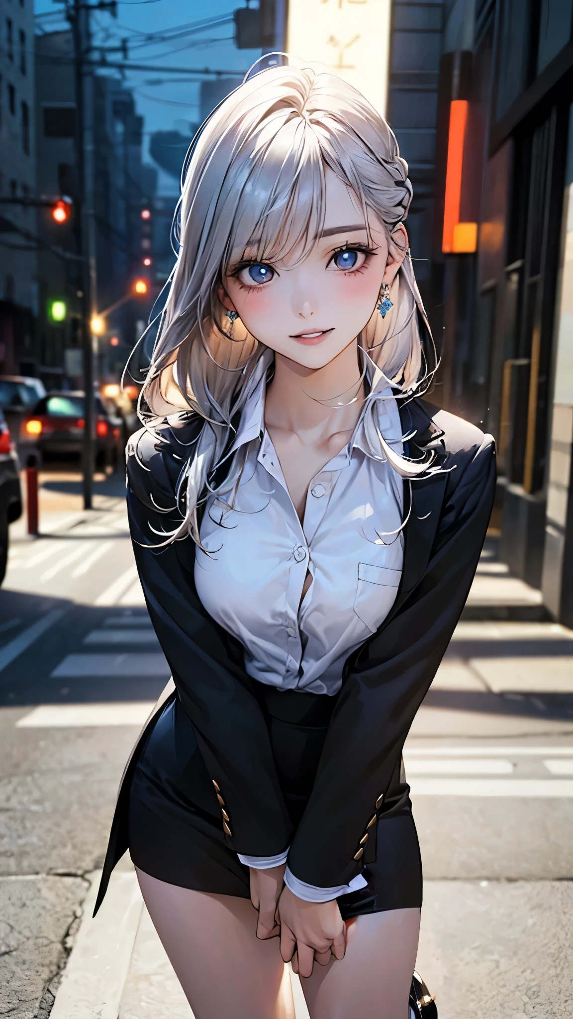(masterpiece:1.2, top-quality), (realistic, photorealistic:1.4), beautiful illustration, (natural side lighting, movie lighting), nsfw,
looking at viewer, 1 girl, university student, perfect face, cute and symmetrical face, shiny skin,
(long hair:1.2, half updo:1.5, sideburns:1.8, silver hair), asymmetrical bangs, blue eyes, drooping eyes:1.5, big eyes:1.5, long eye lasher, (medium breasts, thin thighs), slender,
beautiful detailed hair, beautiful detailed face, beautiful detailed eyes, beautiful clavicle, beautiful body, beautiful chest, beautiful thigh, beautiful legs, beautiful fingers,
detailed cloth texture, black business suit jacket, white collared shirts, black tight skirt, high heels,
(beautiful scenery), night, (neon city), standing, hands between legs, (lovely smile, upper eyes, parted lips),