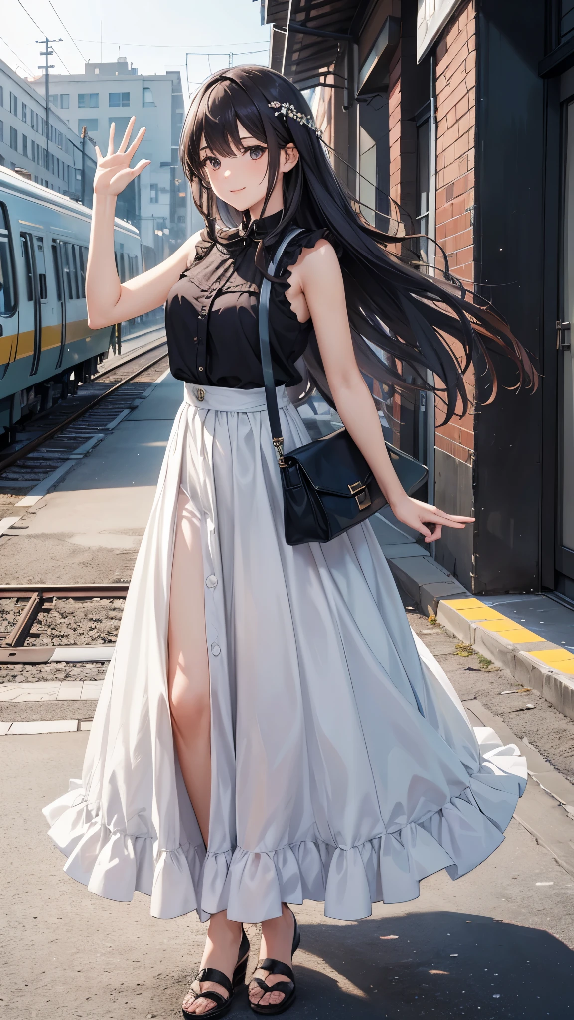 a girl with long flowing hair, smiling and waving, wearing a casual sleeveless blouse with frills and a long maxi skirt, holding a shoulder bag, standing outside a train station, photorealistic, 4k, hyperdetailed, high quality