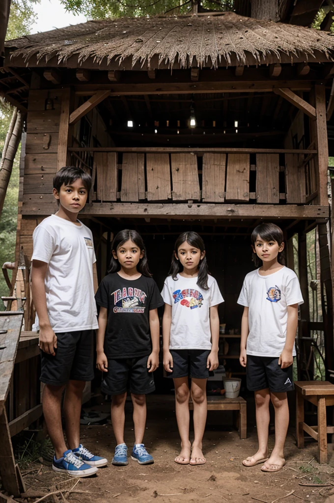 Four children standing together in a treehouse during the day, looking determined despite their recent fright, with their tools neatly organized around them