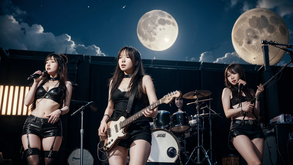 female j-rock band on stage, moon on the sky, high detail faces
