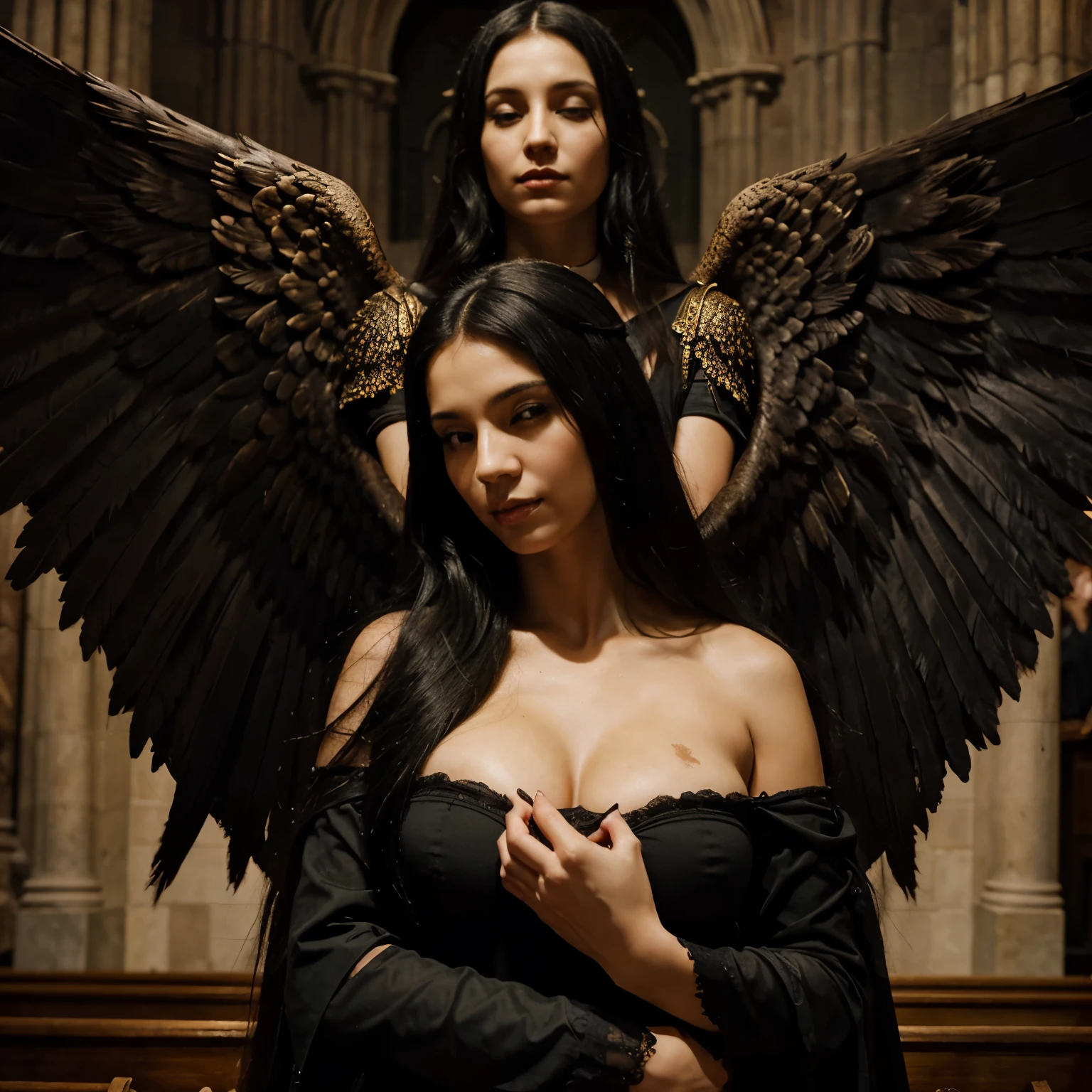Oil painting , An angel With very big wings hugging a Latin woman with long black hair. In a gothic church.