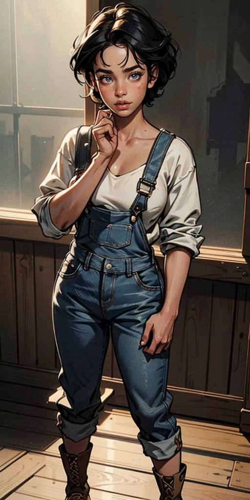 1 woman miner, detailed portrait, beautiful detailed eyes, beautiful detailed lips, extremely detailed face, long eyelashes, overalls, open clothing, denim, flannel, slouchie sneakers, action pose, full body, dirty, dusty atmosphere, crepuscular rays, (best quality,4k,8k,highres,masterpiece:1.2),ultra-detailed,(realistic,photorealistic,photo-realistic:1.37),HDR,UHD,studio lighting,ultra-fine painting,sharp focus,physically-based rendering,extreme detail description,professional,vivid colors,bokeh,concept art