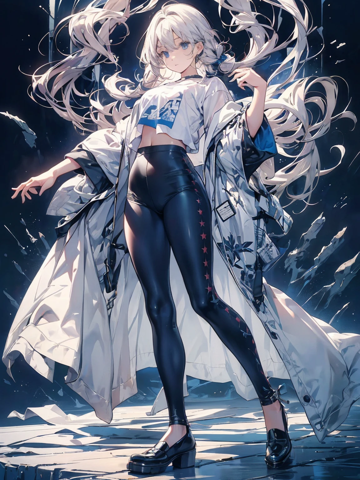 , (White Hair Girl), (Thick, dark blue eyebrows:1.4), (Dark blue eyebrows:1.7), (Thick eyebrows:1.3), (Huge black fluffy animal ears:1.1), (Black animal ears:1.1), BREAK, (((Mesh Stitching Crop T-Shirt, Cutout Long Sleeve Top))),BREAK, (Big Breasts:1.2, Thick legs, Adult female body, Sturdy body:1.5, Japanese style costume:1.5, Beautifully colored kimono:1.5,), ((Action pose:1.4 )), (sharp eyes, Ultra-high definition CG, Precisely designed costumes, 4K, 8K, Ultra-high definition CG, Simple outfit, Clear lines, Expressive and Captivating Eyes, Fine Details and Realistic Textures, cinematic lighting), ((white background)), BREAK, (Wearing black leggings with holes), Skinny sleeves, (Torn and holey leggings:1.2)(Black leggings:1.4), (過剰なRuggedThick soleブーツを履いています:1.2), (Thick sole:1.5), (Big shoes:1.3),
