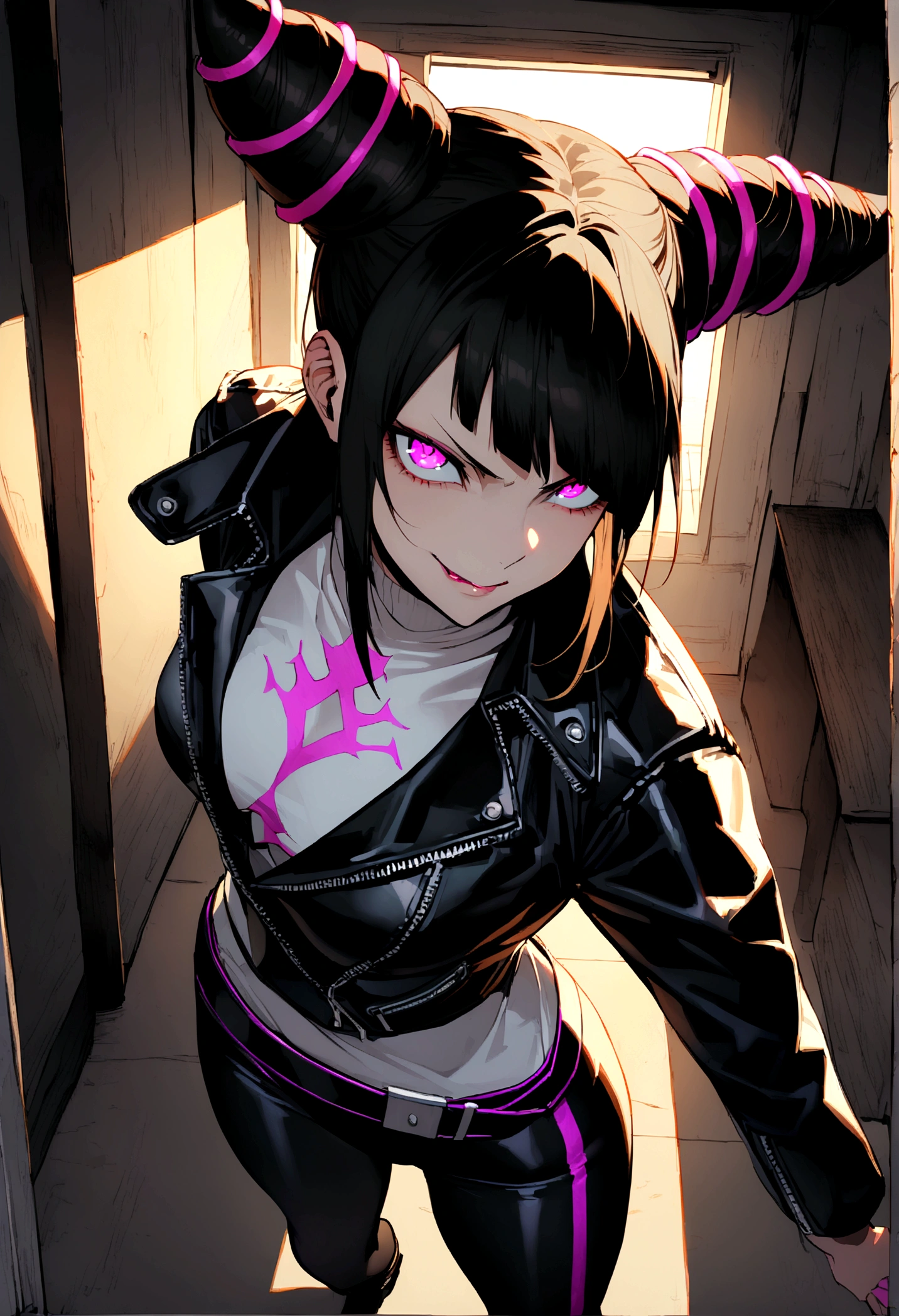 juri han,beautiful young warrior , with a very detailed and beautiful face, beautifuleyes, beautifuleyes, gorgeous face, glowing purple eyes,beautiful young woman wearing long black leggings with black details, usando leather jacket preta, Standing in an office, wearing black boots, horn hair, with black fringe, , evil smile ,white sweater with strap around, serious look,usando leather jacket preto, leather jacket,staring overhead,yellow lighting, evil smile,leggings,standing with your back to the viewer
