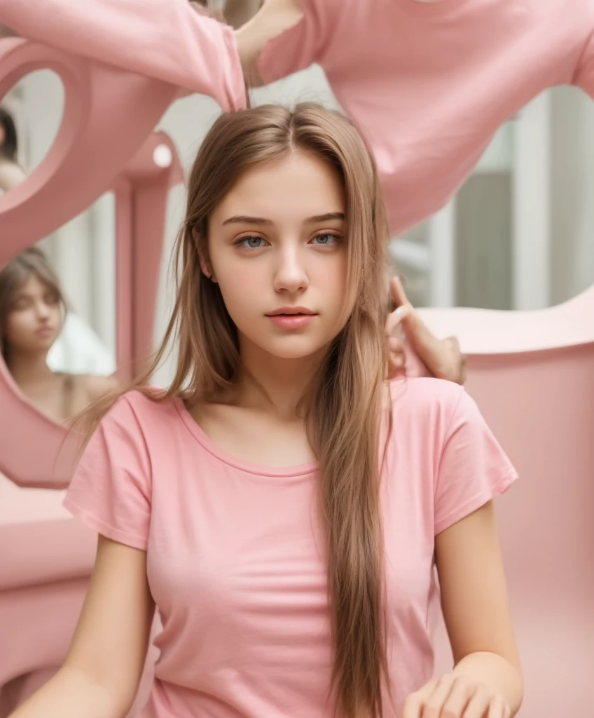girl with beautiful shoulder length hair, In a pink T-shirt