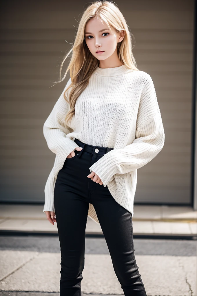 White woman wearing a rib knit sweater on her black skinny jeans, slender, confused face, 17 years old, The right hand puts your hand on your thigh and the left hand puts your hand on your waist,full body, blonde,standing