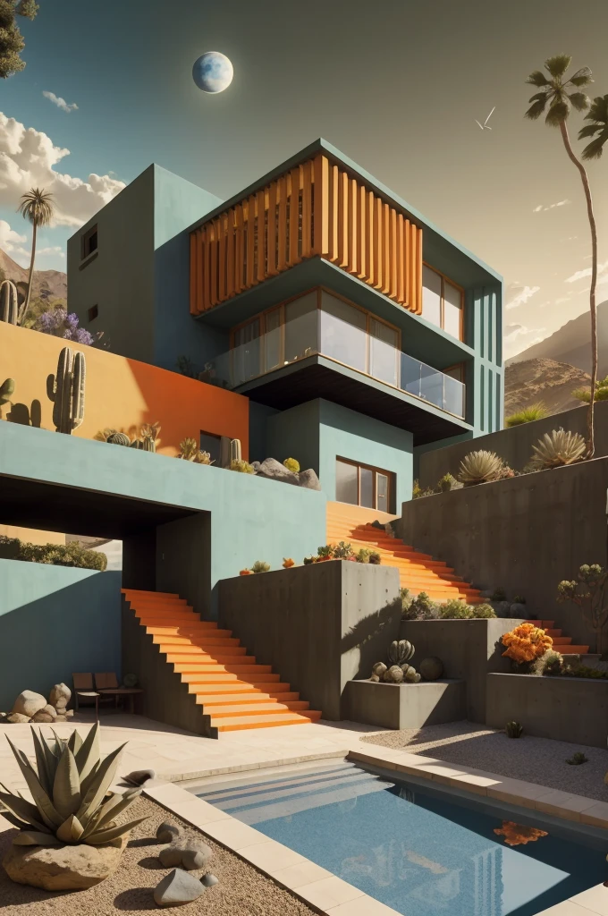 An illustration in collage style, with giant boulders, brutalist building sections, terraces, stairs, cacti, agave, concrete texture, multiple geometric shapes, hatch and cross hatching, planet saturn, volcano, moon, Luis Barragán's architectural style build, milky way galaxy, violet, one motorcycle, An illustration in collage style, with giant boulders, brutalist building sections, stairs, cacti, agave, concrete texture, multiple geometric shapes, hatch and cross hatching, planet saturn, volcano, moon, Luis Barragán's architectural style build, reflective pool, terraces. An elegant and modern build, in top of big boulders, with terraces, materials concrete, wood, steel and crystal, various gardens with tropical vegetation, cacti and rocks, stairs, a pool. In middle of sea, a big wave near, sunset, mountains and a volcano in the horizont, cute islands around, illustration format, cute color palette, detailed, masterpiece, award-winning work, clouds, Illustration, a garden with abundant cacti, ((various organic sculptures)), ((big rocks)), (((multiple sections))), collage style, detailed, (((color palette (olive green), (Mustard orange), cool grey, ((blue)), black and white))), (((a lot Luis barragán's architecture style builds))) big clouds, volcano in horizon, stairs, in the desert. ((masterpiece, best quality)),illustration,ultra detailed 8k, ((Ori Toor visual style)),soviet, megabuildings, megastructures, buildings, organic steel sculpture