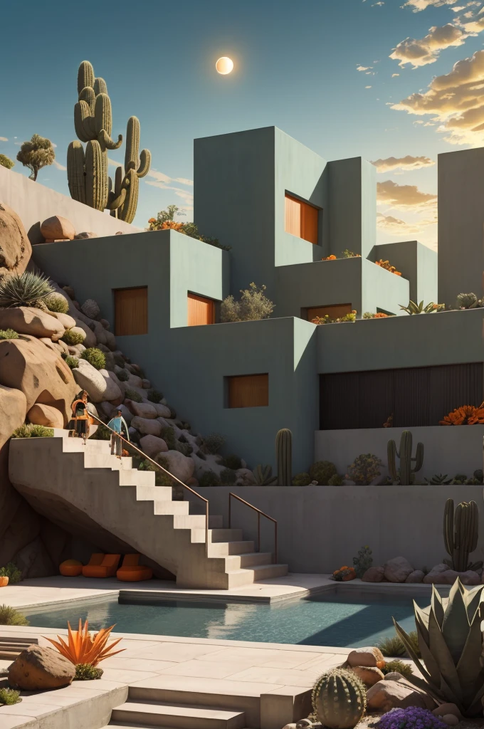 An illustration in collage style, with giant boulders, brutalist building sections, terraces, stairs, cacti, agave, concrete texture, multiple geometric shapes, hatch and cross hatching, planet saturn, volcano, moon, Luis Barragán's architectural style build, milky way galaxy, violet, one motorcycle, An illustration in collage style, with giant boulders, brutalist building sections, stairs, cacti, agave, concrete texture, multiple geometric shapes, hatch and cross hatching, planet saturn, volcano, moon, Luis Barragán's architectural style build, reflective pool, terraces. An elegant and modern build, in top of big boulders, with terraces, materials concrete, wood, steel and crystal, various gardens with tropical vegetation, cacti and rocks, stairs, a pool. In middle of sea, a big wave near, sunset, mountains and a volcano in the horizont, cute islands around, illustration format, cute color palette, detailed, masterpiece, award-winning work, clouds, Illustration, a garden with abundant cacti, ((various organic sculptures)), ((big rocks)), (((multiple sections))), collage style, detailed, (((color palette (olive green), (Mustard orange), cool grey, ((blue)), black and white))), (((a lot Luis barragán's architecture style builds))) big clouds, volcano in horizon, stairs, in the desert. ((masterpiece, best quality)),illustration,ultra detailed 8k, ((Ori Toor visual style)),soviet, megabuildings, megastructures, buildings, organic steel sculpture