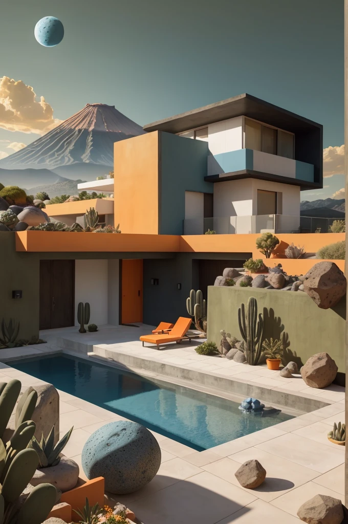 An illustration in collage style, with giant boulders, brutalist building sections, terraces, stairs, cacti, agave, concrete texture, multiple geometric shapes, hatch and cross hatching, planet saturn, volcano, moon, Luis Barragán's architectural style build, milky way galaxy, violet, one motorcycle, An illustration in collage style, with giant boulders, brutalist building sections, stairs, cacti, agave, concrete texture, multiple geometric shapes, hatch and cross hatching, planet saturn, volcano, moon, Luis Barragán's architectural style build, reflective pool, terraces. An elegant and modern build, in top of big boulders, with terraces, materials concrete, wood, steel and crystal, various gardens with tropical vegetation, cacti and rocks, stairs, a pool. In middle of sea, a big wave near, sunset, mountains and a volcano in the horizont, cute islands around, illustration format, cute color palette, detailed, masterpiece, award-winning work, clouds, Illustration, a garden with abundant cacti, ((various organic sculptures)), ((big rocks)), (((multiple sections))), collage style, detailed, (((color palette (olive green), (Mustard orange), cool grey, ((blue)), black and white))), (((a lot Luis barragán's architecture style builds))) big clouds, volcano in horizon, stairs, in the desert. ((masterpiece, best quality)),illustration,ultra detailed 8k, ((Ori Toor visual style)),soviet, megabuildings, megastructures, buildings, organic steel sculpture