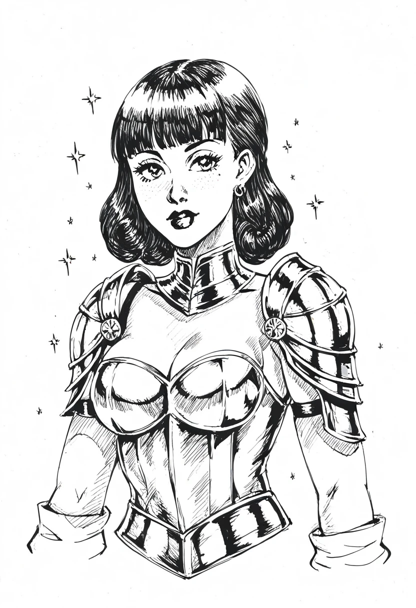score_9, score_8_up, score_7_up, 1girl, sp1t, masterpiece, best quality, high quality, detailed clothes, detailed, monochrome, sketch, abundant detailed hatching shading, sketch, monochrome, large breasts, white background, earrings, full armor, straight hair, blunt bangs,