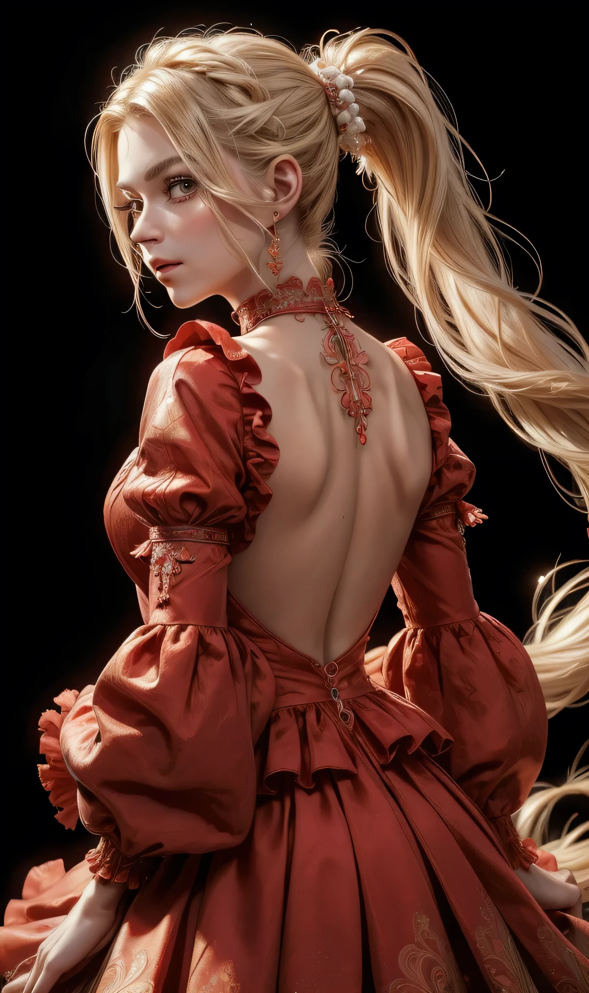 (masterpiece, best quality:1.2), extremely detailed, detailed hair, soft skin,

1girl, solo, standing, upper body, from behind,

blonde hair, long hair, high ponytail, long ponytail,

red eyes, long eyelashes, thick eyelashes, looking at viewer,

red dress, backless dress, ornate dress, puffy skirt, long skirt, puffy sleeves, juliet sleeves, long sleeves,

nude,

black background,

