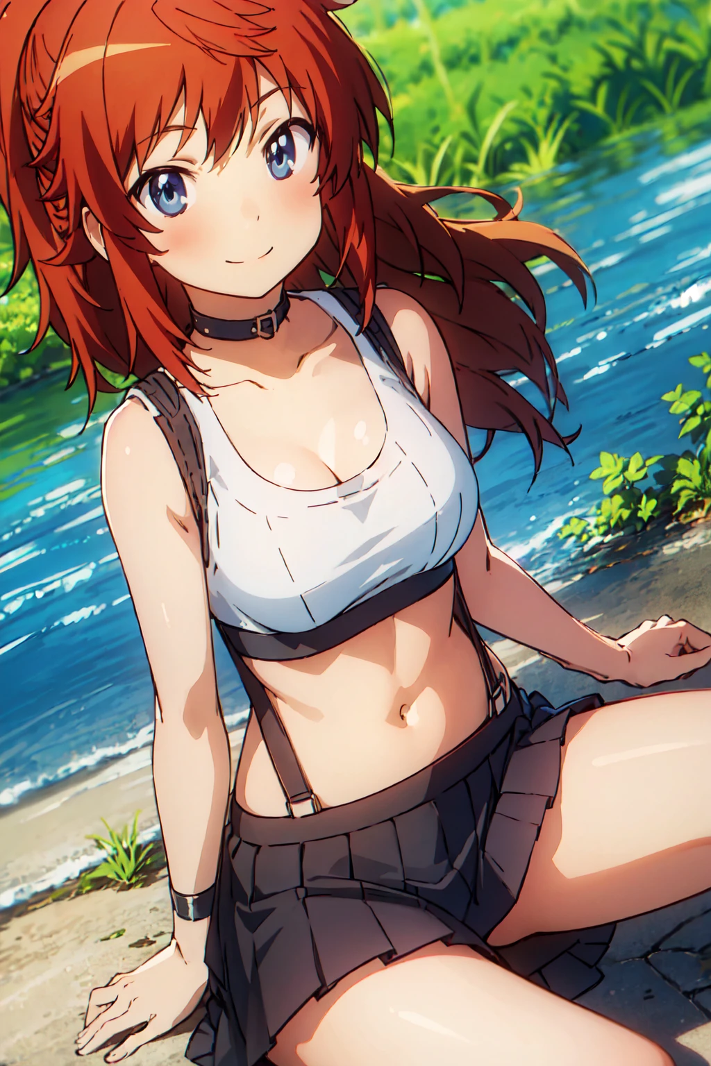 (highly detailed CG illustration), (masterpiece), (best quality), (ultra detailed), (illustration), (1female), standing, Fashion model, (detailed background), (ultra detailed body), (beautiful detailed body), (highly detailed body), beautiful detailed eyes, delicate beautiful face, Floating,(high saturation),(colorful splashes),colorful bubble,(shining), focus on face, floating flowers, floating hairs, (shining), best lighting, best shadow, 1female solo, solo, full body, (highly detailed CG illustration), blue_eyes, blush, brown_hair, bangs, long_hair, closed_mouth, ponytail, ribbon, hair_ribbon, red_hair, koshigaya_natsumi_nonnonbiyori, very seductive pose, very cute smile, (anime style), (highly detailed), (beautiful detailed), (ultra detailed), (highly detailed), (highly detailed body), (beautiful detailed body), (ultra detailed body), (highly detailed hair), (beautiful detailed hair), (ultra detailed hair), (highly detailed smile), (beautiful detailed smile), (ultra detailed smile), (small breasts anime girl), 1girl, arm up, armpits, bare arms, bare shoulders, black skirt, brown hair, breasts, choker, clothes between thighs, collarbone, crop top, frilled skirt, frills, looking at viewer, midriff, miniskirt, navel, pantyhose, pleated skirt, sitting, skirt, small breasts, smile, solo, stomach, strapless, suspender skirt, suspenders, wrist cuffs
