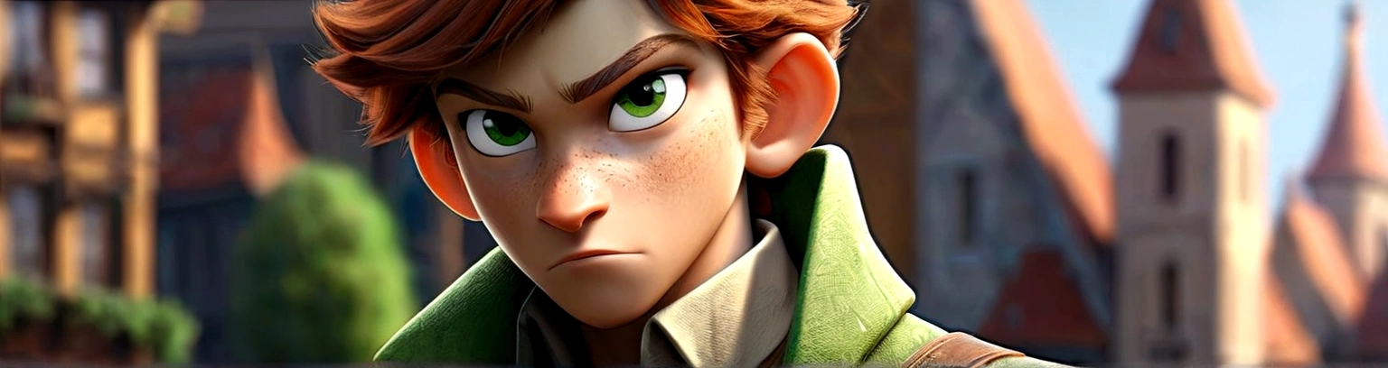 Male, solo, short brown hair, green eyes, freckles, fantasy city background