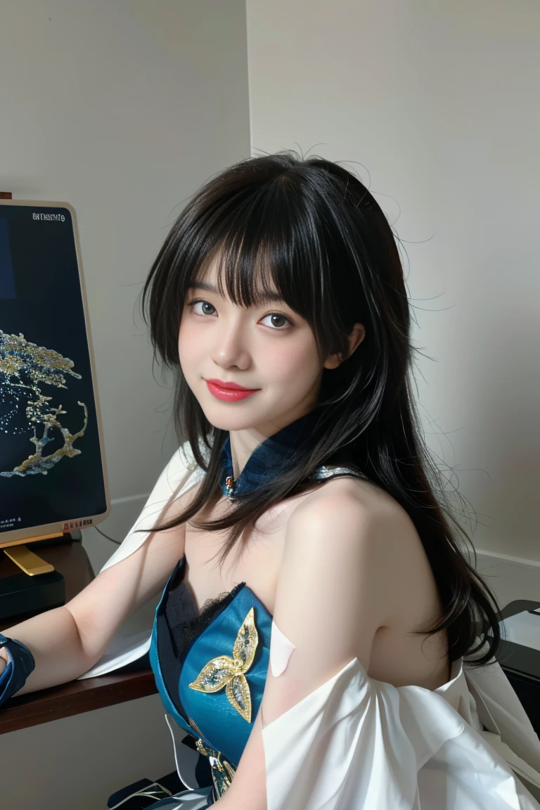 best quality, tmasterpiece,Ultra-high resolution,Clear face,(Reality:1.4),ferpect lighting,upper body photo), (photorealistic:1.50), anime wallpaper, Guviz style artwork, cover-up fantasy up to magic , by Yang J, Guviz, beautiful artwork illustration, beautiful digital artwork, beautiful digital illustration, Li Song, beautiful anime portrait, art style in Beauvot, 1girl, 独奏, full body, looking at viewer, smiling, closed mouth, bangs, hair between eyes, RUANMEI cosplay costume, chinese dress, chinese clothing, cosplay, RUANMEI, dress, gloves, elbow gloves, hair decoration, jewelry, high heels, indoor, In the room,