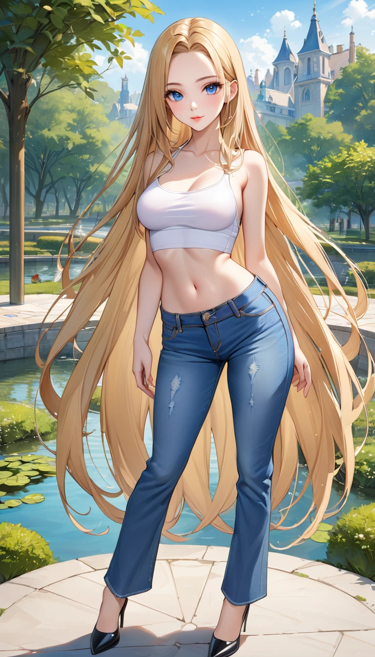((best quality, masterpiece:1.3, 8K)), (detailed), highly detailed face and skin texture, detailed eyes, (seductive pose:1.1), park, pond, full body, (slender body:1.1), 1girl, 25 years old, white skin, blue eyes, bright lips, seductive smile, blonde hair, straight hair, very long hair, (forehead:1.0), bright colored clothes, white croptop, medium breast, hard nipples, navel, jeans pants, flares jeans, light blue jeans, black heels,