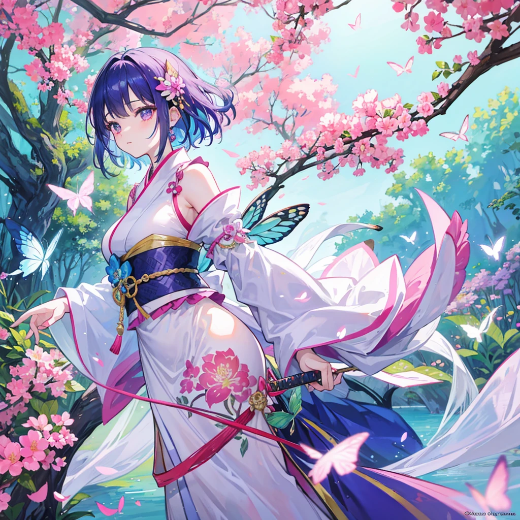 A vibrant and detailed anime-style illustration featuring a young female warrior in an enchanting garden filled with colorful butterflies. The character stands confidently, holding a beautifully decorated katana with both hands. She wears an intricately designed kimono adorned with floral patterns and vibrant colors. Her short, wavy hair is adorned with a large, striking butterfly hairpin. The background is a lush garden with cherry blossom trees in full bloom, adding a touch of serenity and beauty to the scene. Numerous butterflies of various sizes and colors surround her, some even landing on her, creating a whimsical and magical atmosphere. The color palette is bright and lively, with a mix of pinks, purples, greens, and blues, enhancing the overall enchanting and fantastical feel of the illustration.