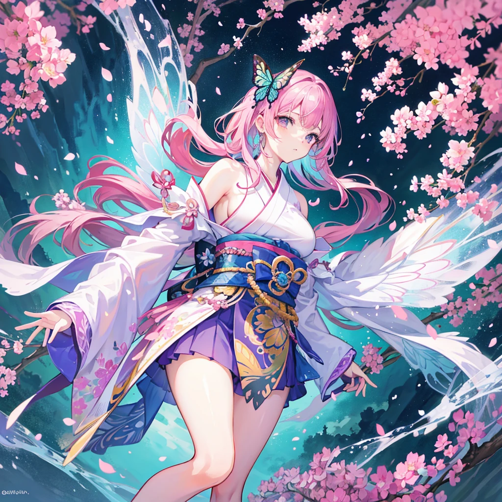 A vibrant and detailed anime-style illustration featuring a young female warrior in an enchanting garden filled with colorful butterflies. The character stands confidently, holding a beautifully decorated katana with both hands. She wears an intricately designed kimono adorned with floral patterns and vibrant colors. Her short, wavy hair is adorned with a large, striking butterfly hairpin. The background is a lush garden with cherry blossom trees in full bloom, adding a touch of serenity and beauty to the scene. Numerous butterflies of various sizes and colors surround her, some even landing on her, creating a whimsical and magical atmosphere. The color palette is bright and lively, with a mix of pinks, purples, greens, and blues, enhancing the overall enchanting and fantastical feel of the illustration.