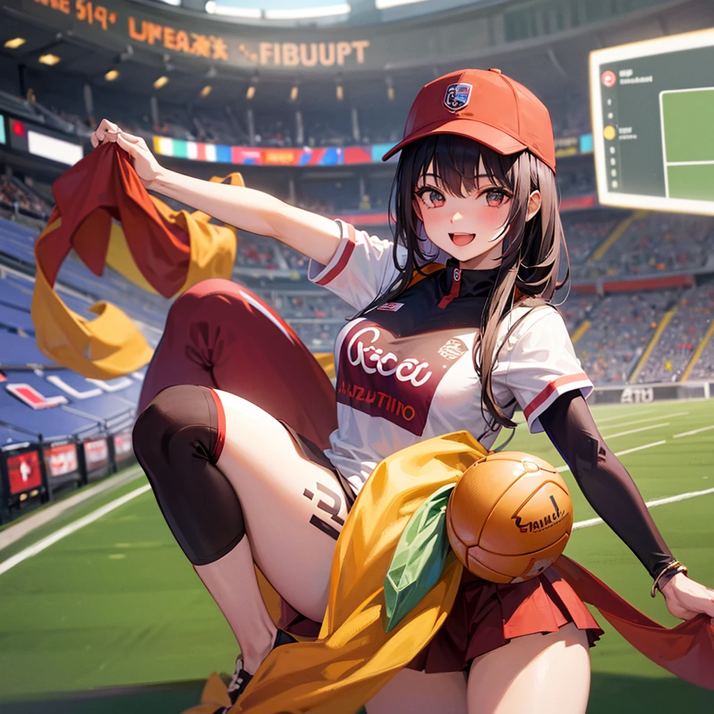 a girl dressed as Vinotinto Venezuelan soccer team, sexy, beautiful smile, in the background a football stadium