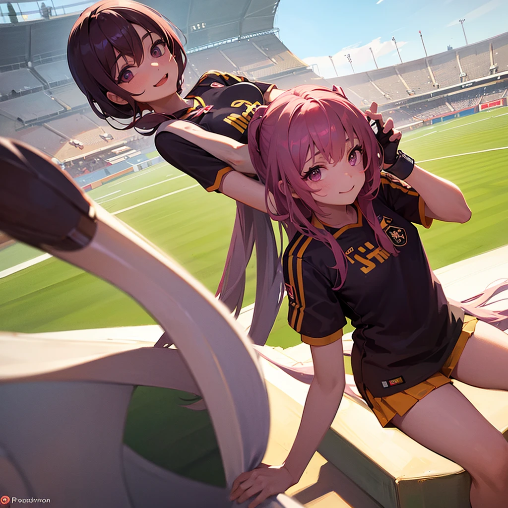 a girl dressed as Vinotinto Venezuelan soccer team, sexy, beautiful smile, in the background a football stadium