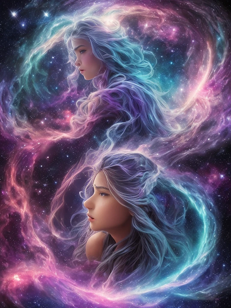 A scene in which a figure emerges from an unimaginably spectacular cloud of starlight、Fractal nebula line、cosmic entity、a heavenly being、kosmos、vibrant and vivid、Starlight Vortex、Revolutions、Not real、hight contrast、symbiosiagia、mistic、mistic、Surreal、Supersaturation、Colorful Gods