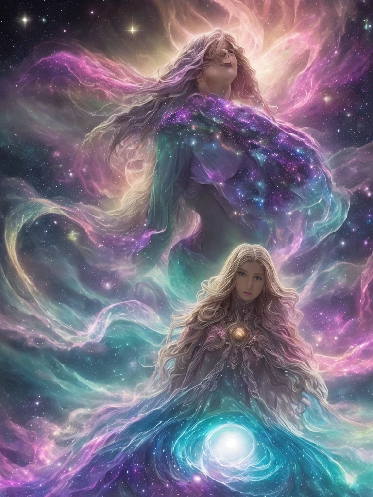 A scene in which a figure emerges from an unimaginably spectacular cloud of starlight、Fractal nebula line、cosmic entity、a heavenly being、kosmos、vibrant and vivid、Starlight Vortex、Revolutions、Not real、hight contrast、symbiosiagia、mistic、mistic、Surreal、Supersaturation、Colorful Gods